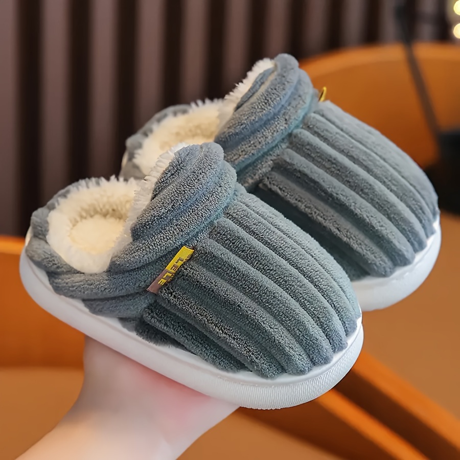 Winter Kids Fleece-Lined Slippers, Cozy Home Baby Plush Indoor Shoes, Striped Fabric Upper with PVC Sole, No Insole - Comfortable Footwear for Children, Winter Baby Shoes | Plush Kids Slippers | Flexible PVC Sole, Toddler Slippers