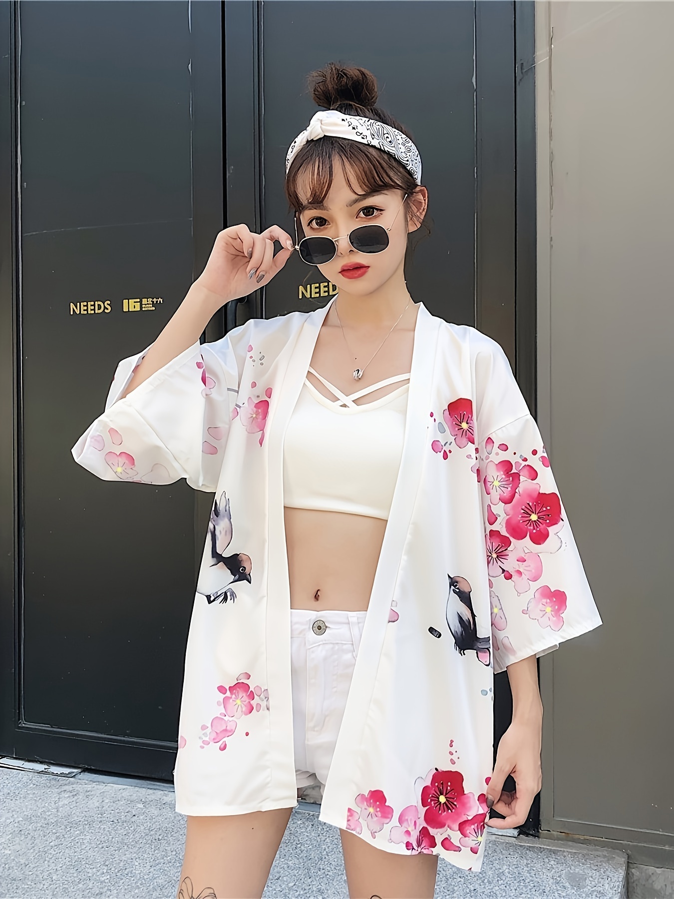 Chunoy Kimono Donna Manica Corta In Chiffon Floreale - Copricostume Leggero E Aperto, Taglie Dalla S Alla XXL - 2