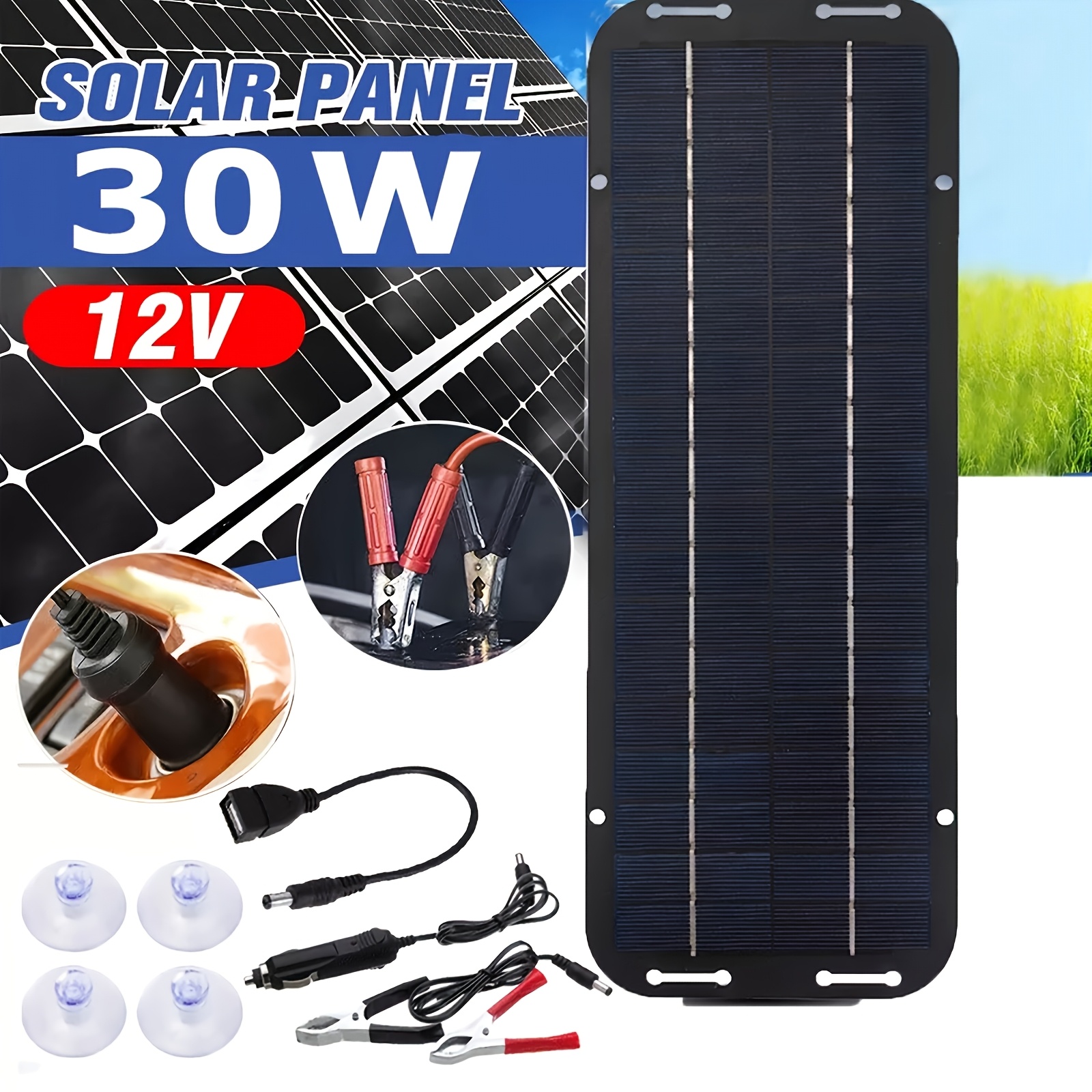 TEMU 30w 12v Solar Panel Trickle Charger Kit Portable Solar Battery Charger For Rv Marine Motorcycle And Outdoor Use Lightweight Solar , Battery Not
