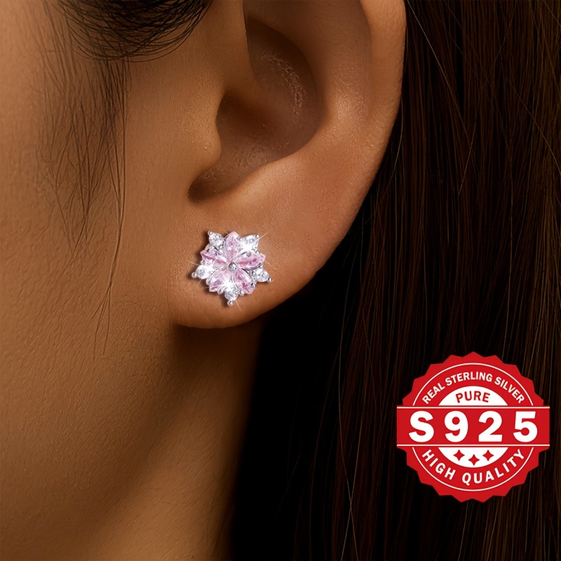 

Exquisite Pink Sakura Shaped Stud Earrings 925 Sterling Silver Hypoallergenic Jewelry Zirconia Inlaid For Women Dating Earrings