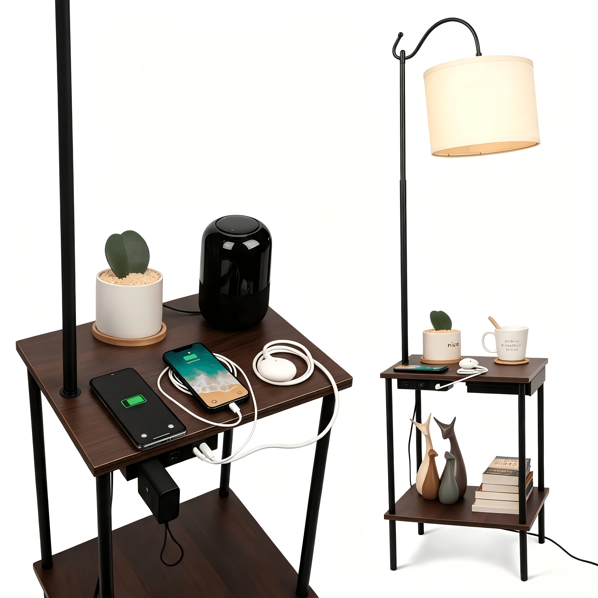 Image of Floor Lamp With Table Industrial Rustic End Table With Wireless Usb Charging Port & Power Outlet Bedside Nightstand Shelves Tall Pole Lamp With Drawer(without Bulb)