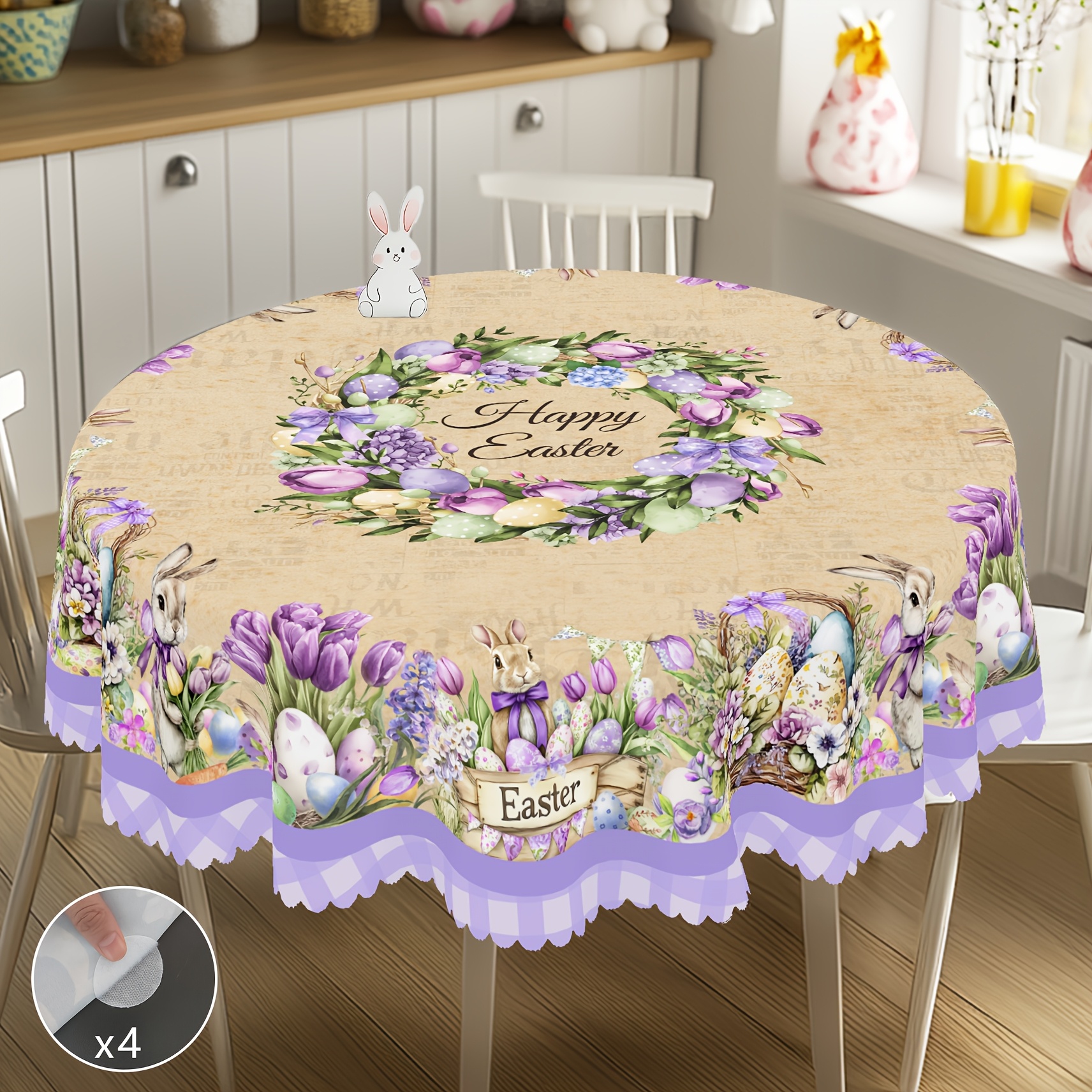 

1pc, Easter Village Pattern Printed Tablecloth + 4pcs Anti Slip Sticker, Spring Round Table Cloth, Festival Party Tablecloth, Outdoor Decor Rectangle Table Cover, Farmhouse Kitchen Accessories Gift