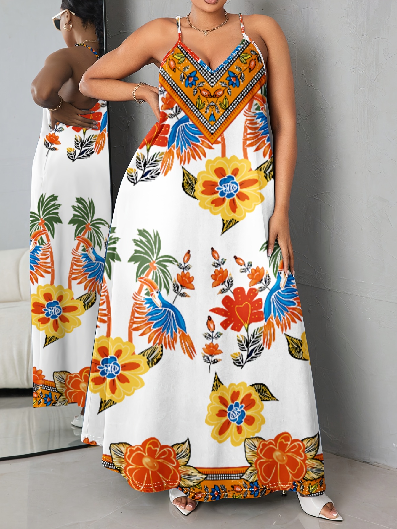 chinese dress ladies Printed Smocked Square Neck Tiered Sleeveless Dress Multicolor / XL main image 1