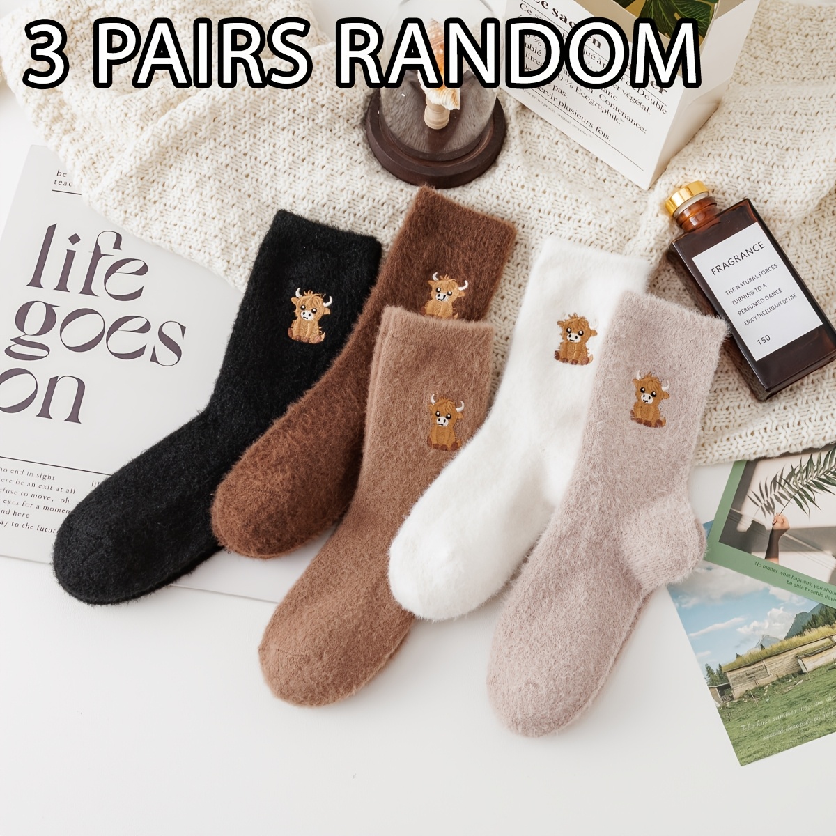 Image of 1/3/5 Pairs Of Women's Embroidered Calf Plush Socks, Thickened And Warm For Winter, Cartoon Style, , Sleep Socks, Trendy And Versatile Brown Color, .