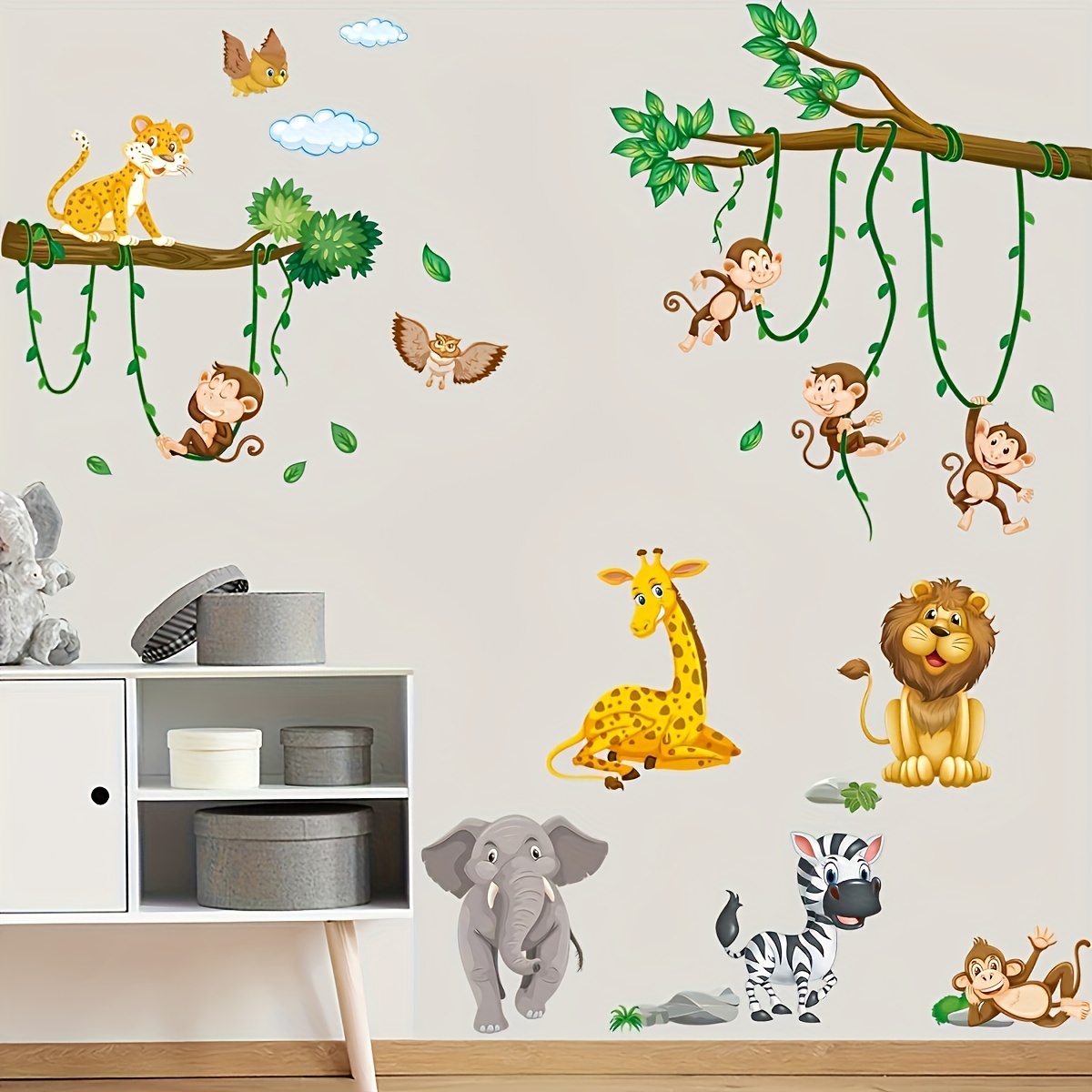 

2-piece Adorable Cartoon Animal Wall Decals - Removable Pvc Stickers With Owl, Monkey, Lion, Zebra & Elephant Designs For Kids' Rooms, Nurseries & Classrooms