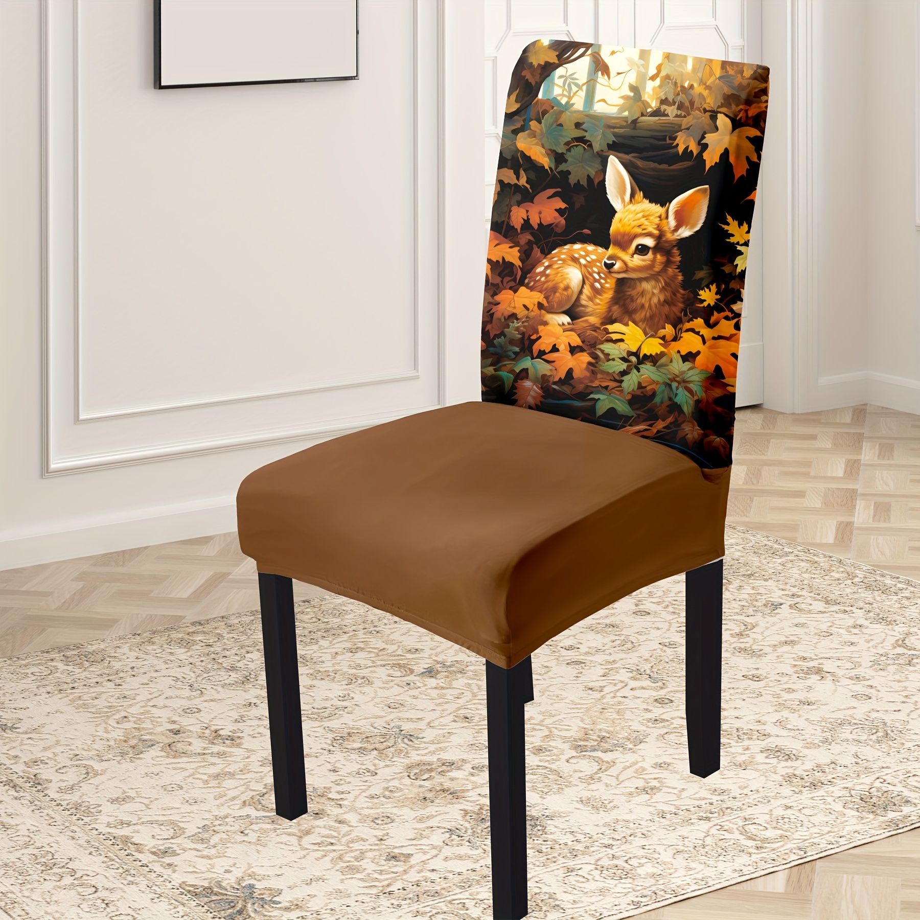 

4/6pcs Autumn Maple Deer Print Chair Covers - High Elasticity, Machine Washable Milk Silk Slipcovers For Dining, Garden Chairs - Dustproof & Stain Resistant