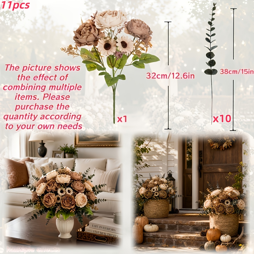 TEMU 11pcs Fleurs Artificielles de Simulation, Bouquet de Marron et Combinaison d'Eucalyptus, Série de pour Décoration de Salon, Décoration de Salle