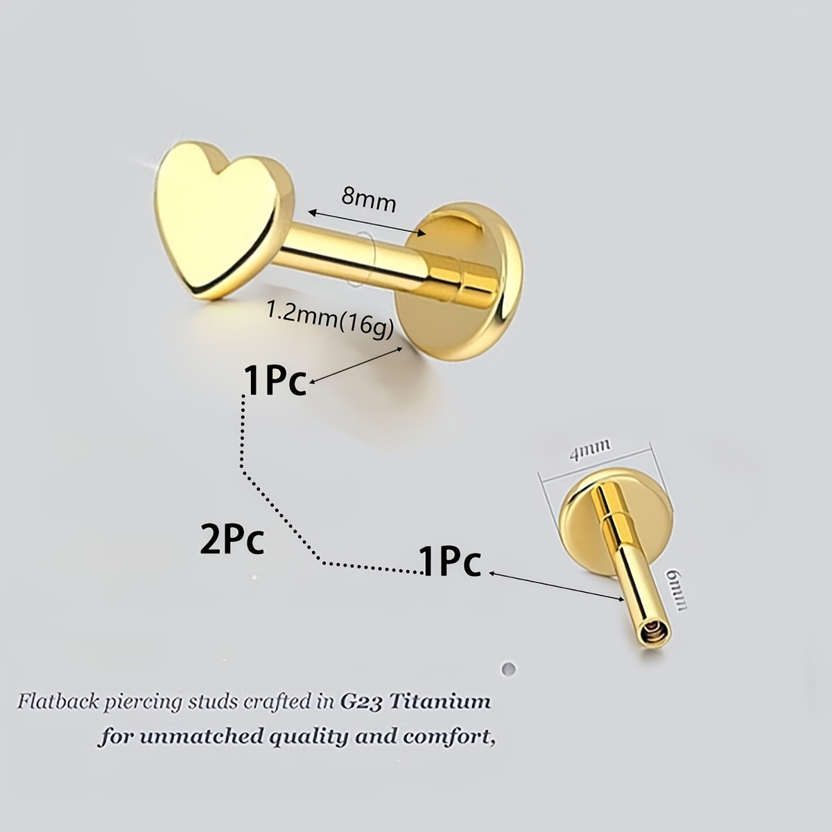 2pcs 16g Titanium Body Piercing Jewelry, G23 Hypoallergenic Flat Back Internally Threaded Tragus Helix Cartilage Conch Medusa Lip Labret Piercing Stud Earrings For Women Men