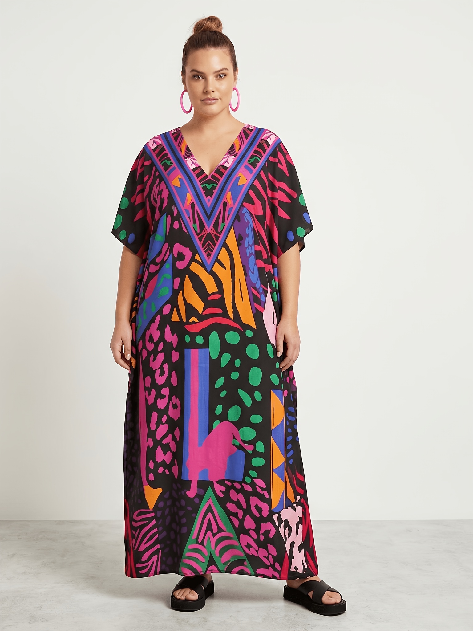 Robe Caftan   Taille Imprimé Animal   Vibrant, Caftan Maxi Couleur Zèbre et Léopard avec Col   et Manches Chauve-Souris, Vêtement de Plage   et Fluide pour Femmes