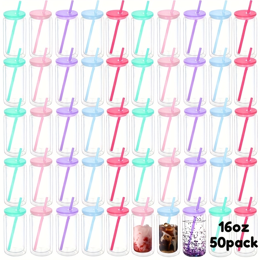 TEMU 50pcs 16oz Clear Colorful Acrylic Tumbler With Pre-drilled Double Wall Water Bottles, Includes Colorful Lid And Straws, Versatile For Halloween