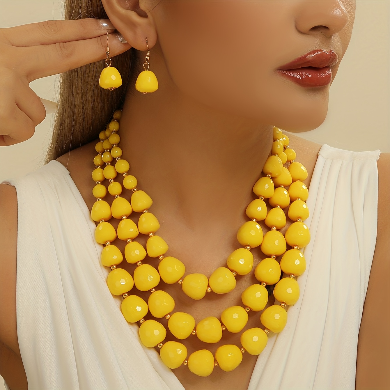 Image of Multi Layer Bead Necklace Geometric Earring Set, Bohemian Heavy Industries Designed Accessories For European And American Parties And Dinners.