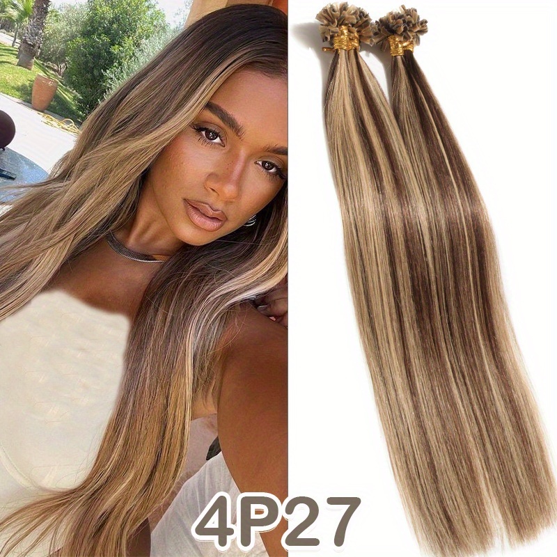 Keratin U Tip Hair Extensions | 50 Strands Of 24 Inch Straight Human Hair With Balayage, Natural Hot Fusion Nail Tip, Weighing 50g