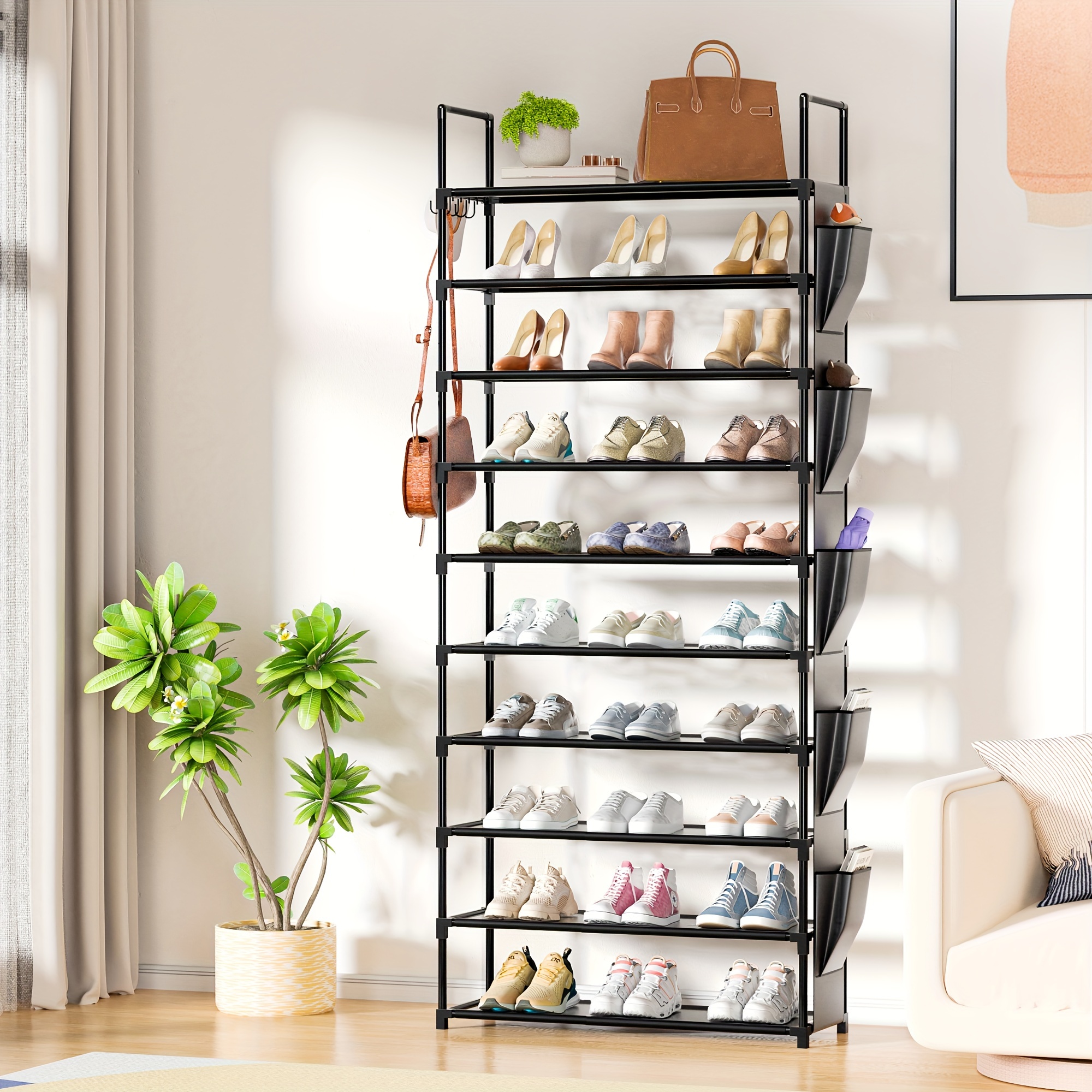 

Tall Shoe Rack For Entryway, 10-tier Sturdy Metal Shoe Shelf Storage Shoes And Boots, Space Saving Corner Shoe Rack Organizer For Closet, Doorway, Garage, Living Room