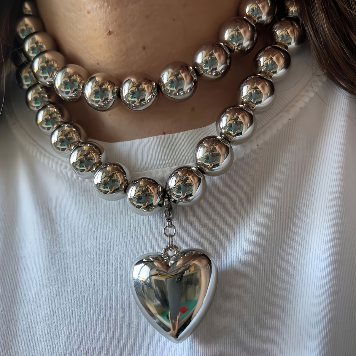 

Statement Chunky Bead Necklace With Heart Pendant, Multi-layered Round Ball Chain, Punk Style Fashion Accessory For Women