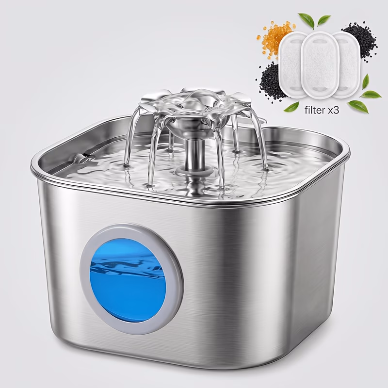 2 2l durable stainless steel cat water dispenser with water level window usb plug in pet fountain for machine 3 filters machine 7 filters Product details 0