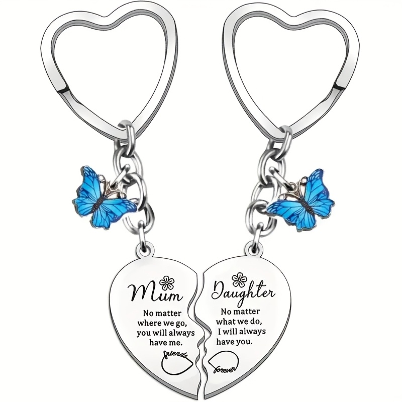 TEMU 2pcs Stainless Steel & Alloy Heart-shaped Keychain Set, Mother And Daughter With Inspirational Quotes, Ideal Gift For Mother's Day