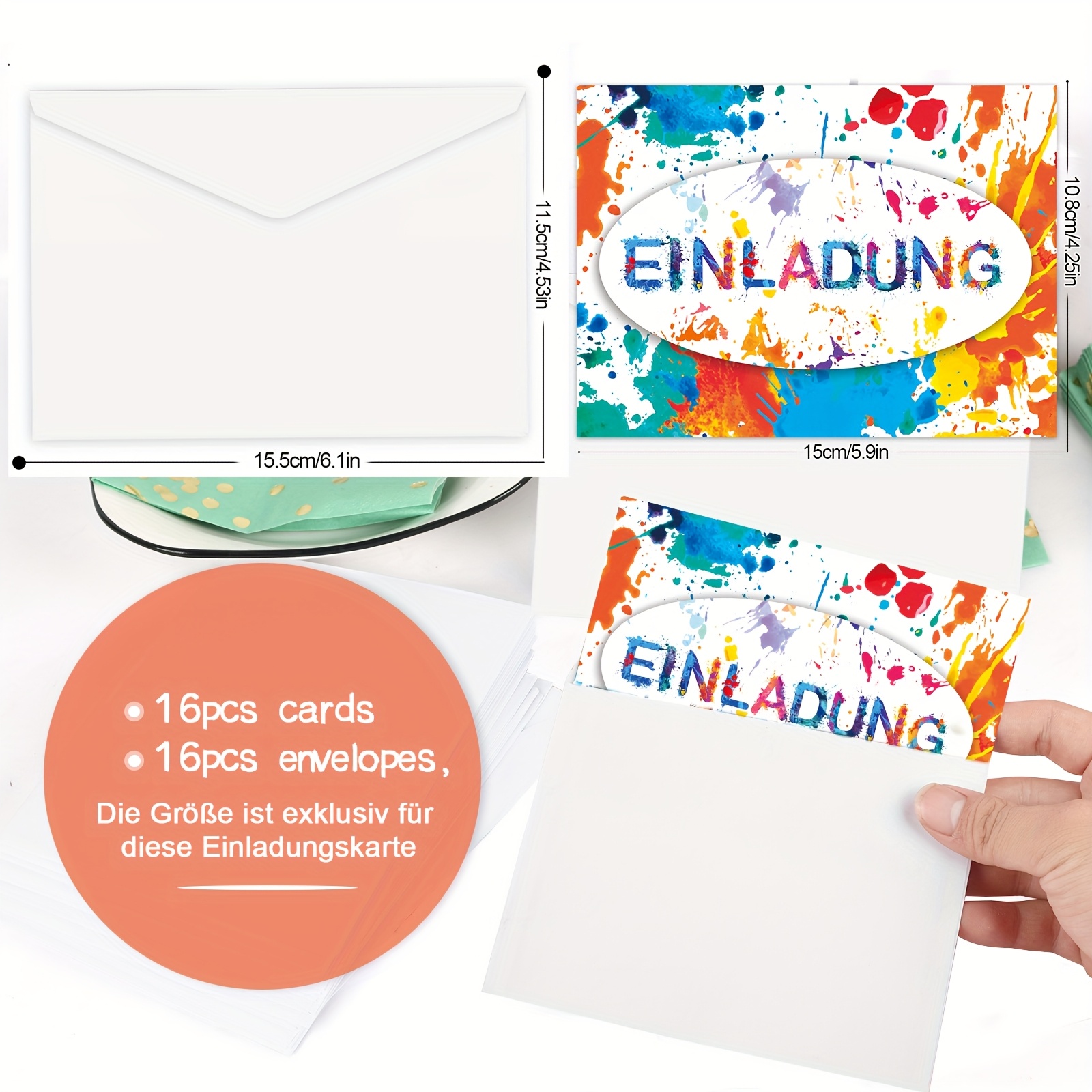 Image of 16pcs Vibrant Watercolor Graffiti Birthday Invitation Cards - Colorful Party Invites With Splatter , Creative Birthdays, Gatherings & Special Occasions, Birthday Party Decorations