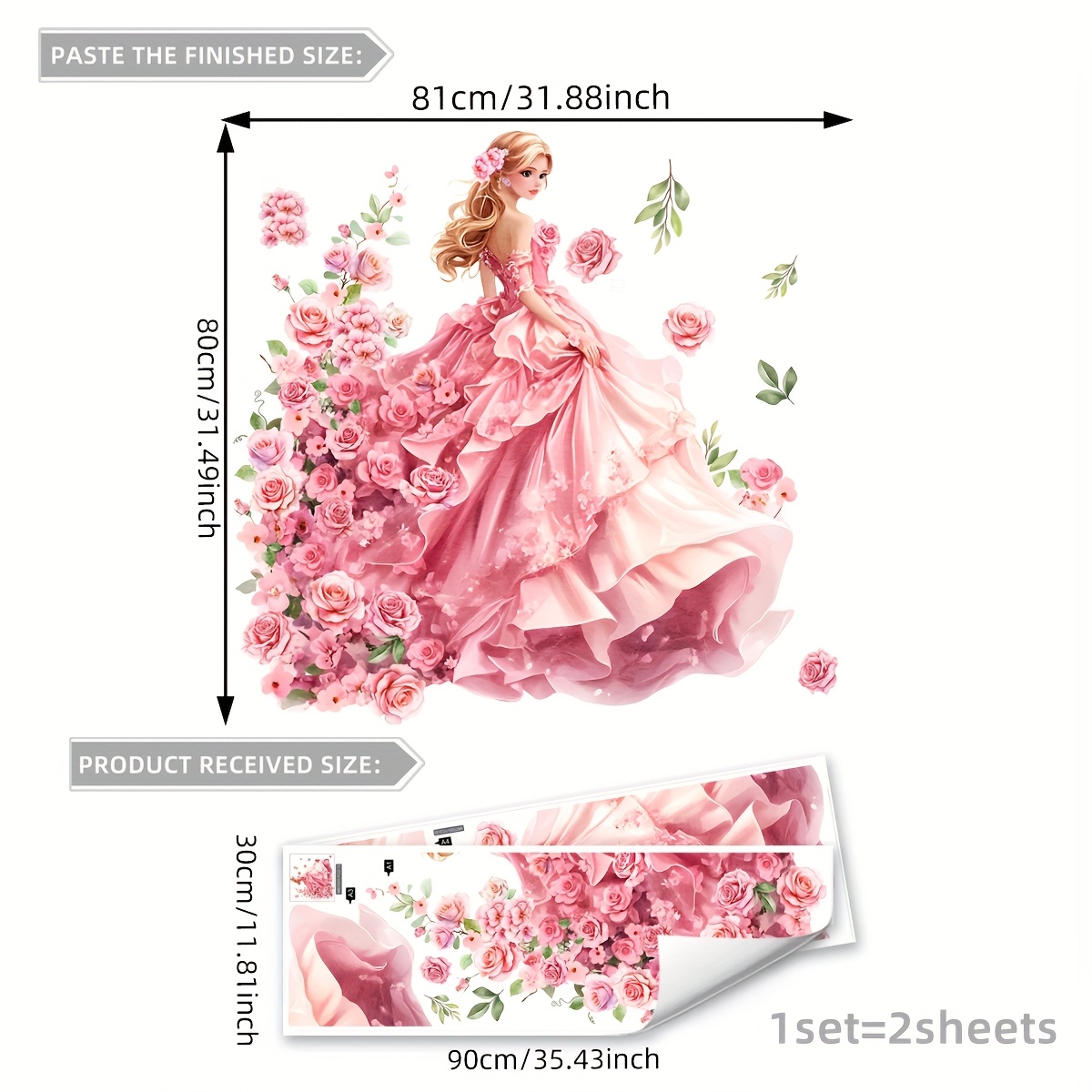 Image of A Set Of 2 Sheets (30*90cm*2pcs) Pink Rose Princess Floral Decorative Wall Stickers Living Room Bedroom Home Background Decoration Sticker Ms7253-yc