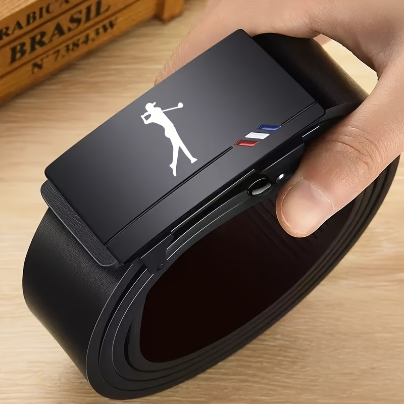 TEMU Men's Golf Pattern Belt - White Golfer Silhouette Design, Premium Pu Leather With Alloy Automatic , Belt Strap, Suitable For Dress And Casual
