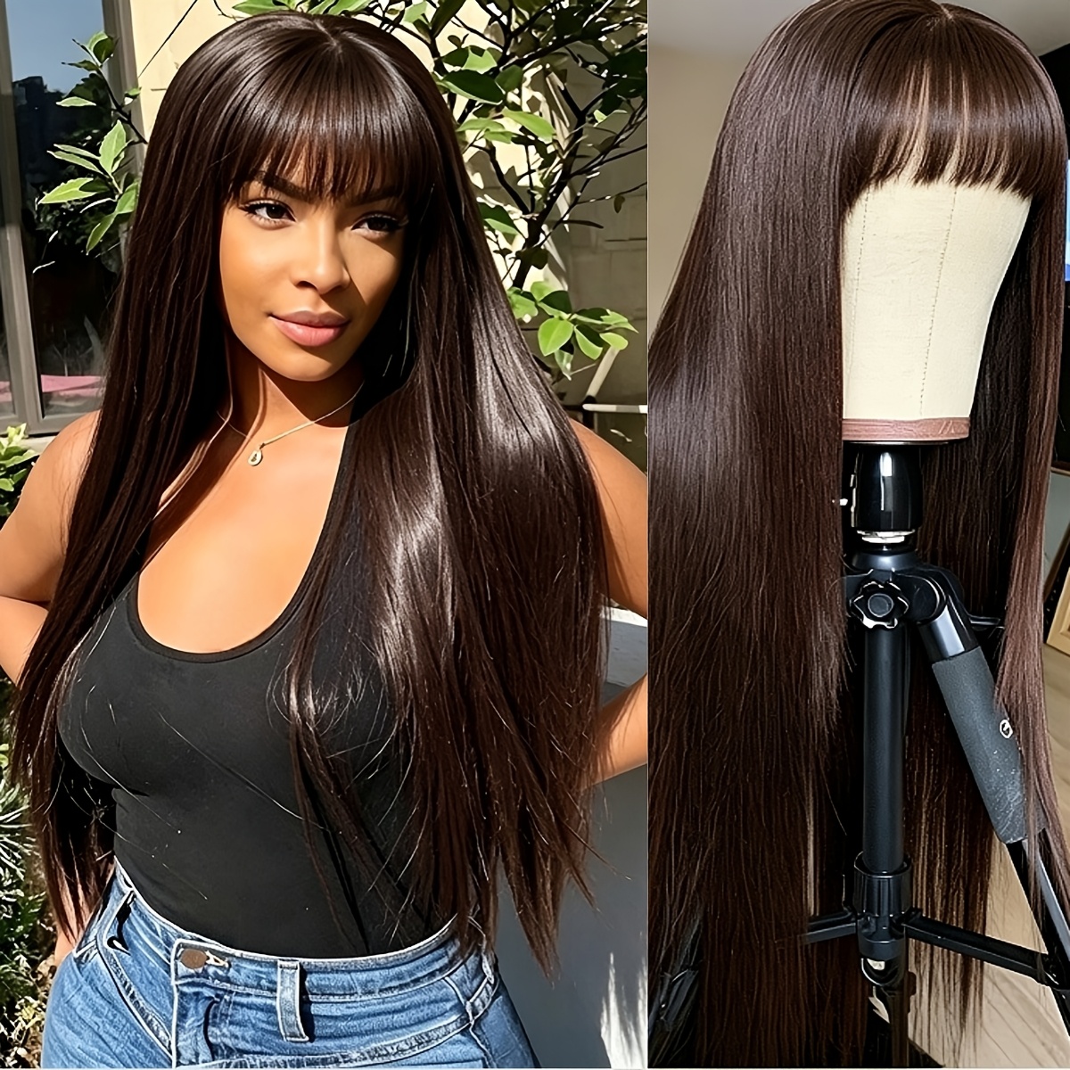 TEMU Elegant 26-inch Dark Brown Long Straight Wig, Heat-resistant Synthetic Fiber, With Bangs Styling, Look, Women's Wig, Suitable For Daily Wear,