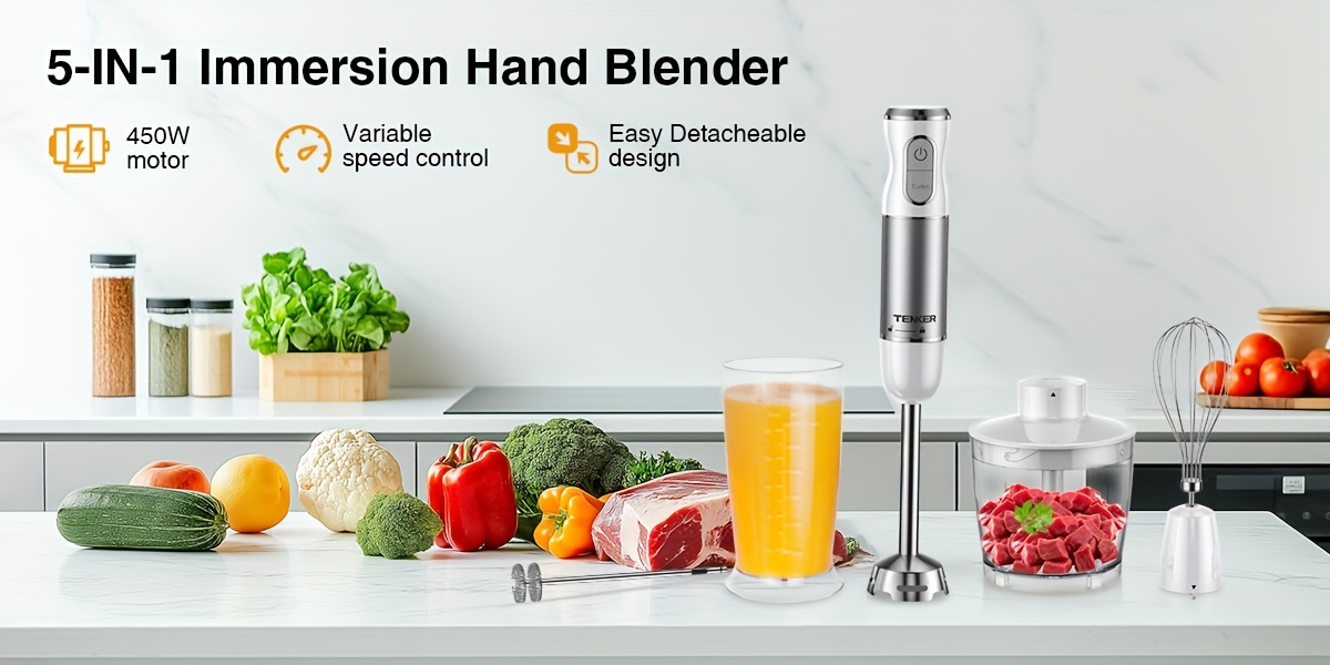 5 in 1   blender for kitchen and home use idea gift 450w 30 speed hand blender with copper   600ml mixing beaker 500ml food processor whisk milk frother white Product details 1