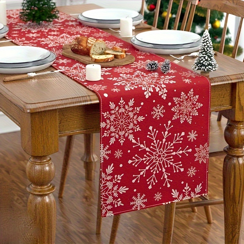 

Christmas Snowflake Table Runner - Woven Polyester Rectangular Holiday Table Decor, Festive Red And White Design For Christmas Dinner, Home & Party Decorations