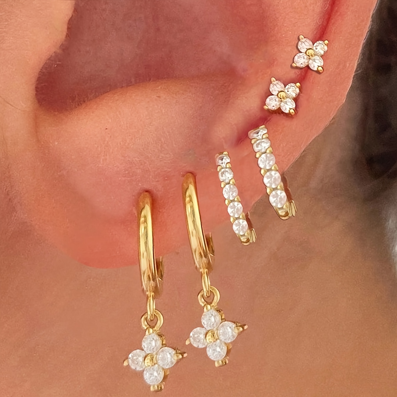E-shop 6er-Set Elegante, minimalistische, glamouröse Ohrclips mit Blumenmuster, Strass und Kupfer für Damen, Urlaub, Party, Dating, Freizeit, , Paarung