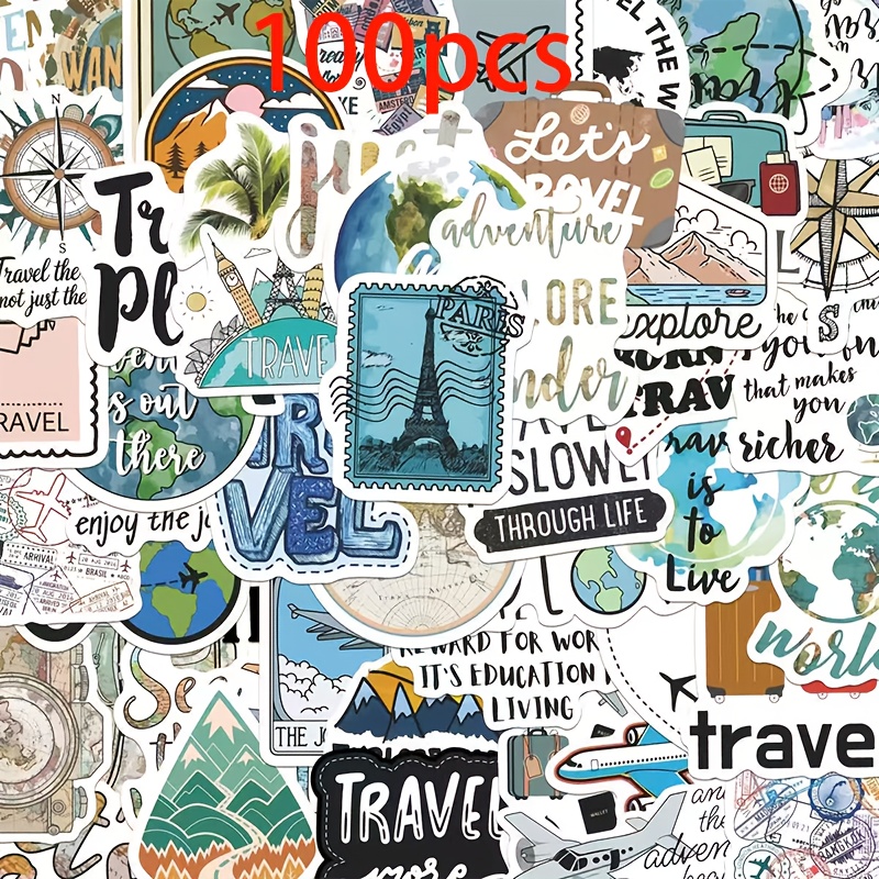 Image of 100-sheet World Map Travel Sticker Set - Landmarks, Airplane And Compass Stickers With World Map Labels, For Suitcase, Laptop, Journal, Passport Decoration - Travel-themed Gift