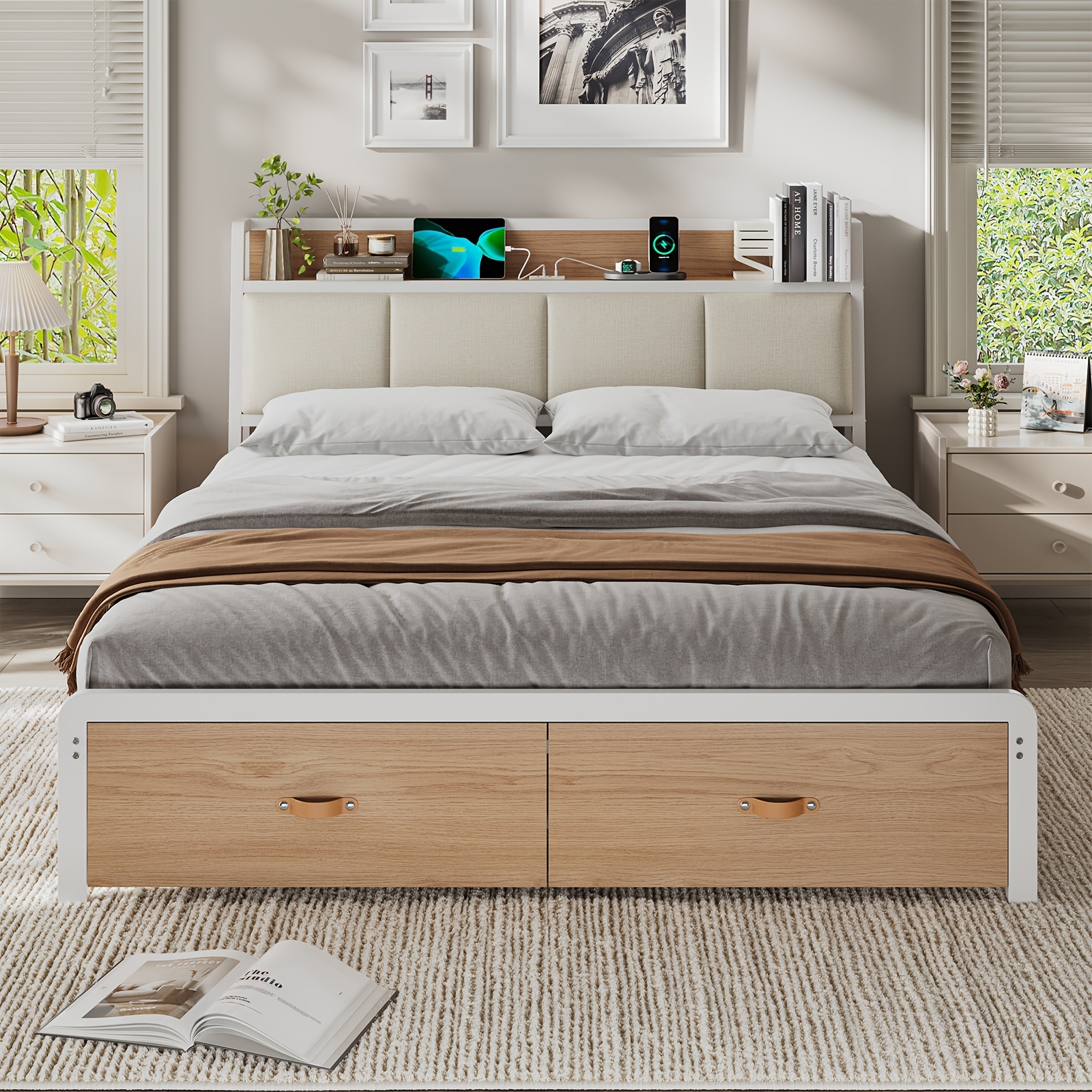 Image of Bed, Metal Bed Bed Frame, Bed Frame With Slatted Frame, 2 Drawers, Metal Frame And Wooden Headboard With Storage Space, For Bedroom, , And Natural