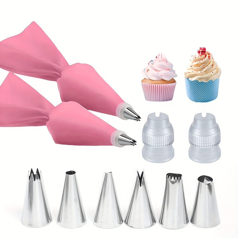 E-shop 10-teiliges Satz Creme-Spritztüllen, Backzubehör mit 2 wiederverwendbaren 12-Zoll rosa Spritzbeuteln 2 Adaptern. Backwerkzeuge, Küchenhelfer für