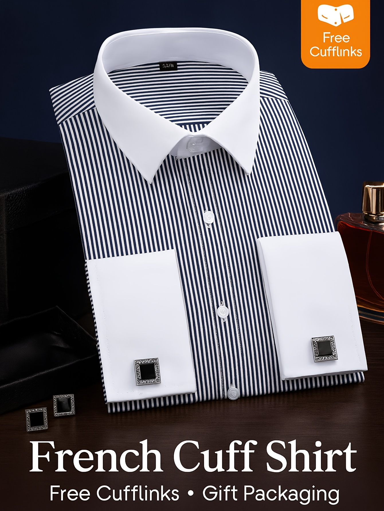 slim fit dress slacks Dress Shirt in White with French Cuffs, Medium by Alain Dupetit
