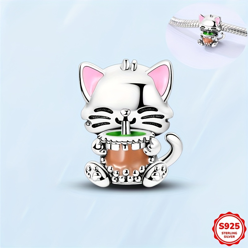 

[1pc 925 Argent Sterling Charm Chat Boba Tea] 1pc Breloque de Luxe en Argent Sterling 925 Chat Buvant du Thé Boba, Perle pour Bracelet Collier Femme, Cadeau de Bijoux à Bricoler