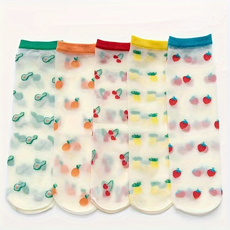 

5 Pairs Fruit Print Socks, Cute & Lightweight Mid Tube Socks, Women's Stockings & Hosiery