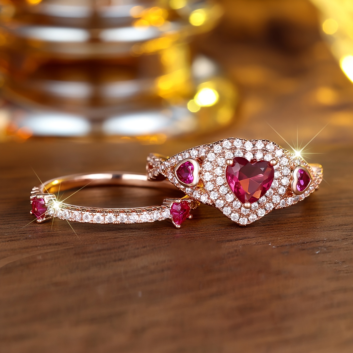 TEMU 2 pièces/set Bague en Cœur Doré Rose Ensemble Anneau de Mariage Bijou pour Saint-Valentin Fête des Mères