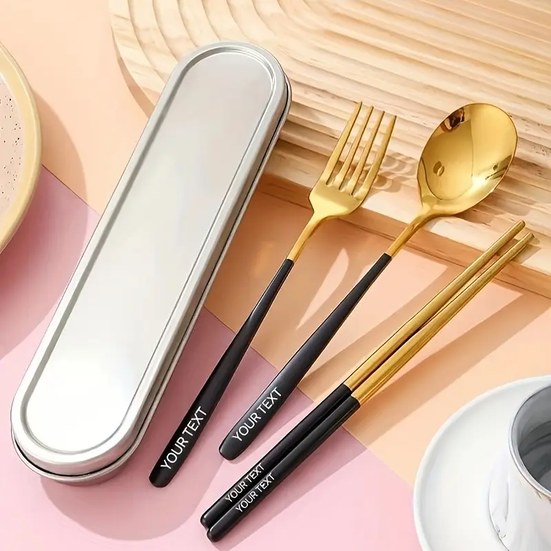3pcs customized 304 stainless steel portable tableware 304 stainless steel box piece portable tableware set travel student canteen outdoor work specific tableware reusable Product details 0