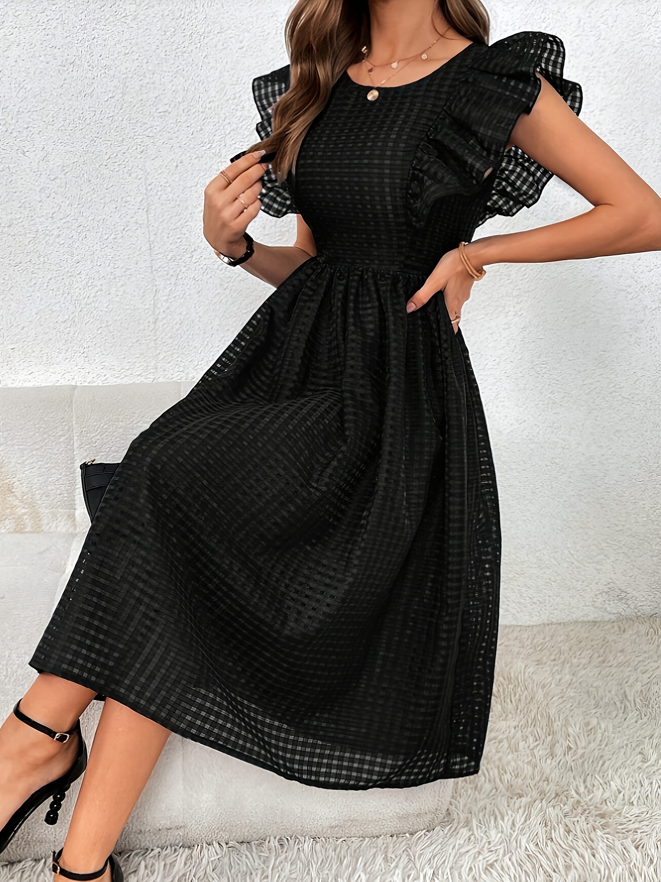 womens black   sleeve midi dress middle eastern inspired flared hem fitted bodice flared skirt machine washable   versatile dress details 2