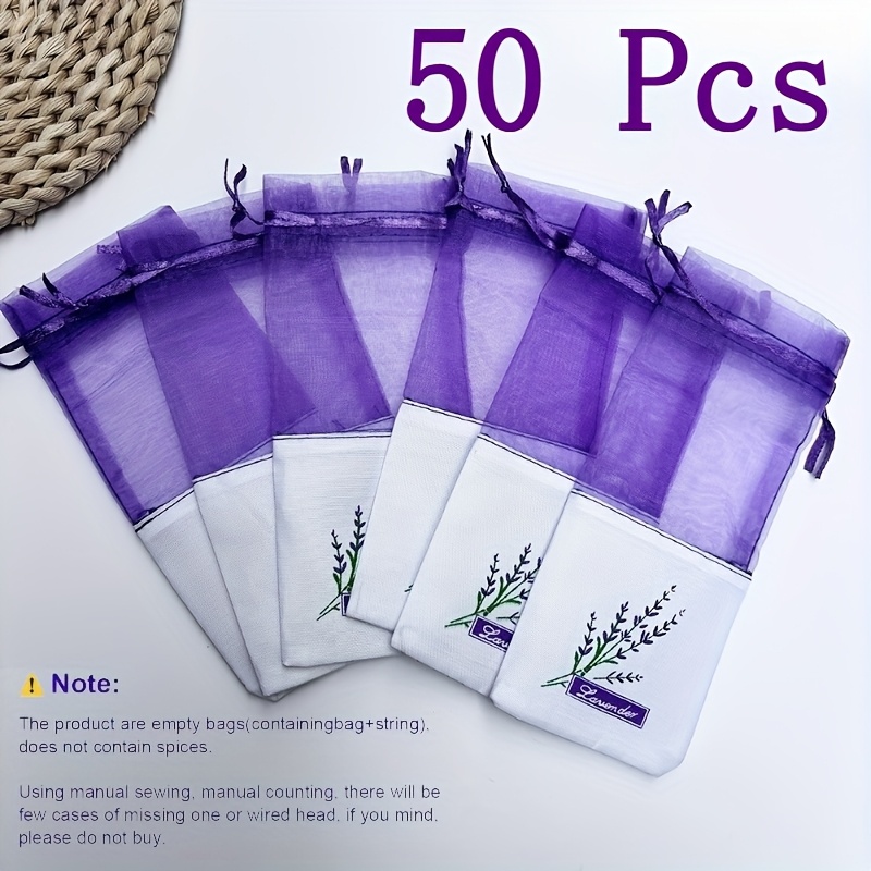 Image of [purple Lavender Bags] 50pcs Purple Lavender Print Empty Packaging Bags | For Dried Lavender Making, With Easy Tying Rope For Storage And Hanging, Suitable For Drawer Cabinet/ Wardrobe/bathroom