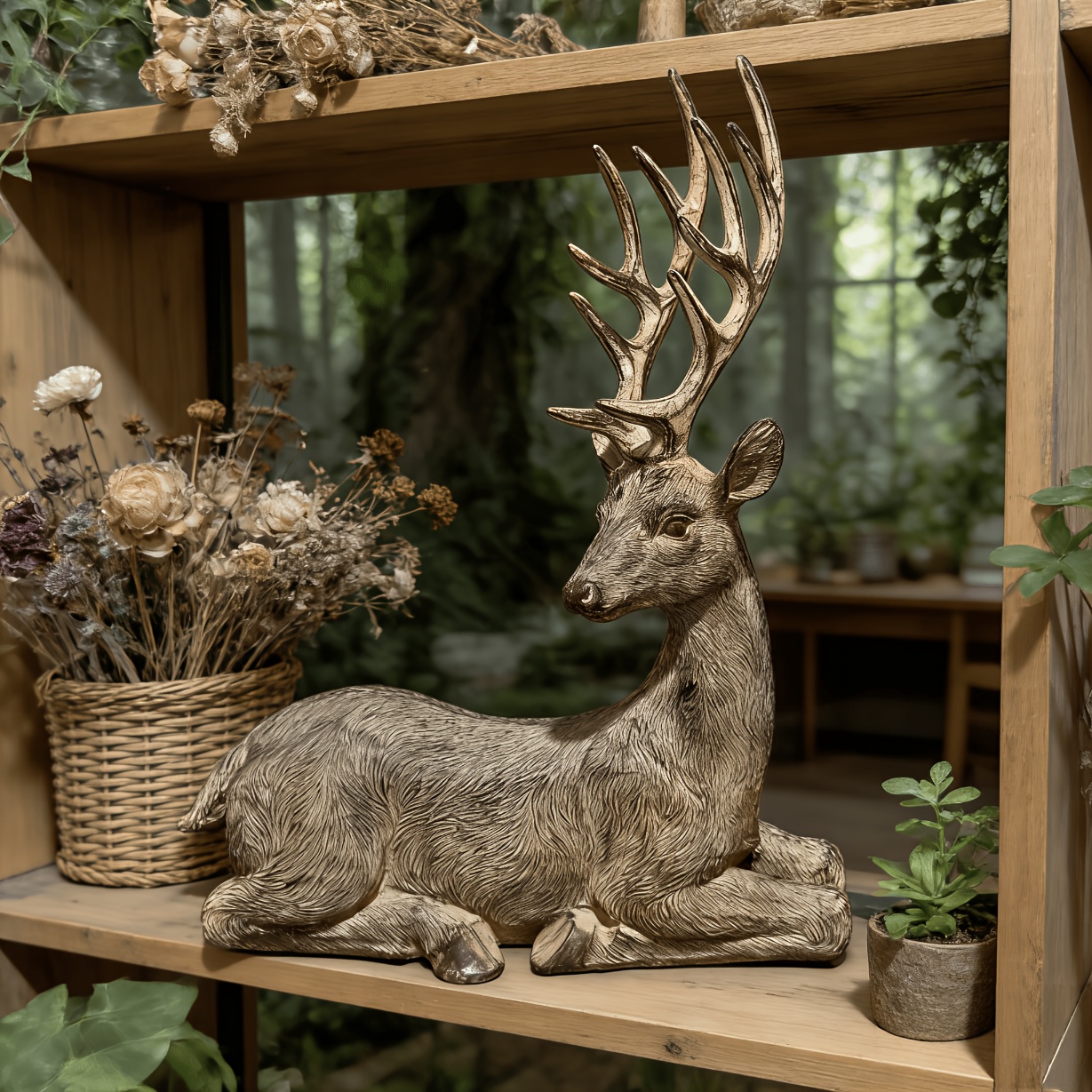 TEMU Vintage Wood-like Deer Figurine Resin Versatile Home Decor Durable Fade-resistant For French Retro Forest Cafe Luxury Entrance Morandi Vanity
