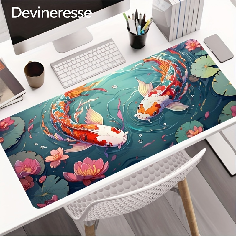 

1pc, Watercolor Koi Fish Extended Gaming Mouse Pad Large Desk Mat With Non-slip Rubber Base And Stitched Edges, Green Keyboard Mouse Mat Desk Pad For Work Game Office Home