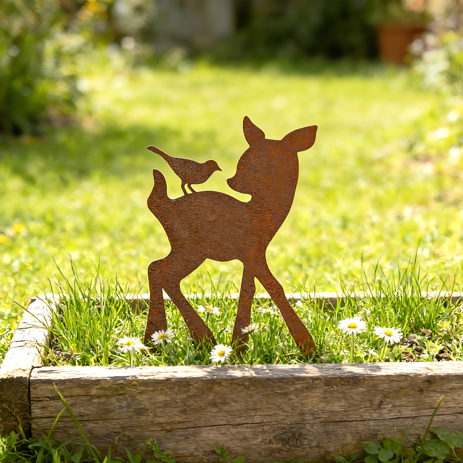 E-shop 【2D Flat】 [2D Flat] Rostfarbene Metall Hirsch- und Vogel-Gartenstecker Dekoration, -Silhouette Gartenornament, Vintage Bauernhaus Eisenkunstwerk