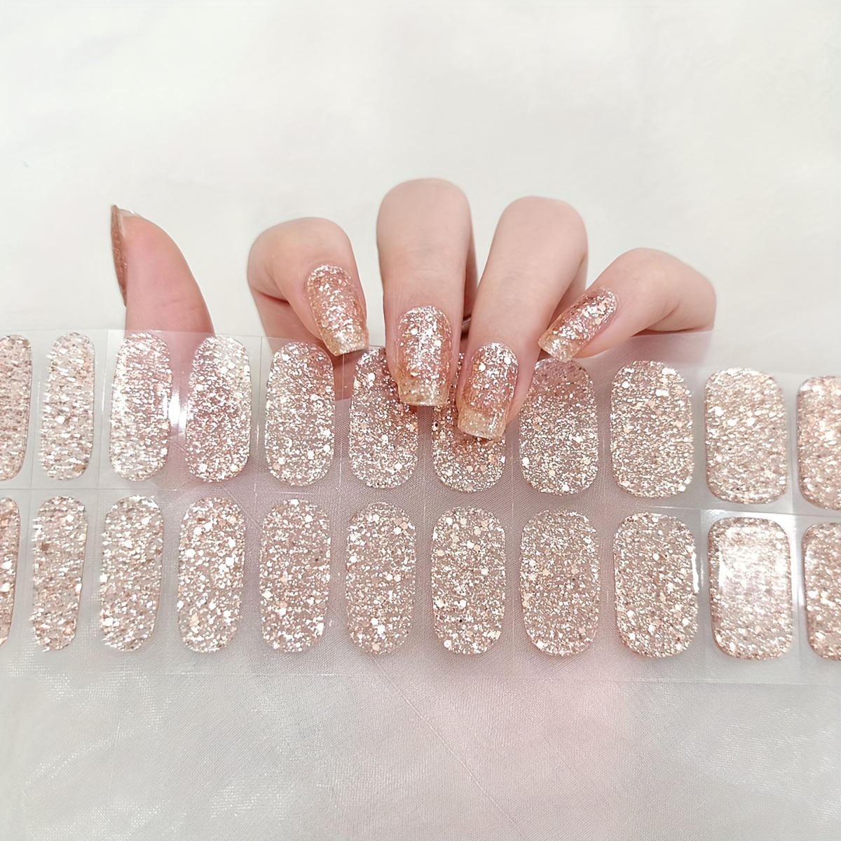 Image of 22pcs Golden Sequined Nail Stickers, Sparkling Full Cured No-bake Nail Wraps, Full Coverage Nail Strips, Quick Change Nail Art Kit, No Lamp Required, Best Gift