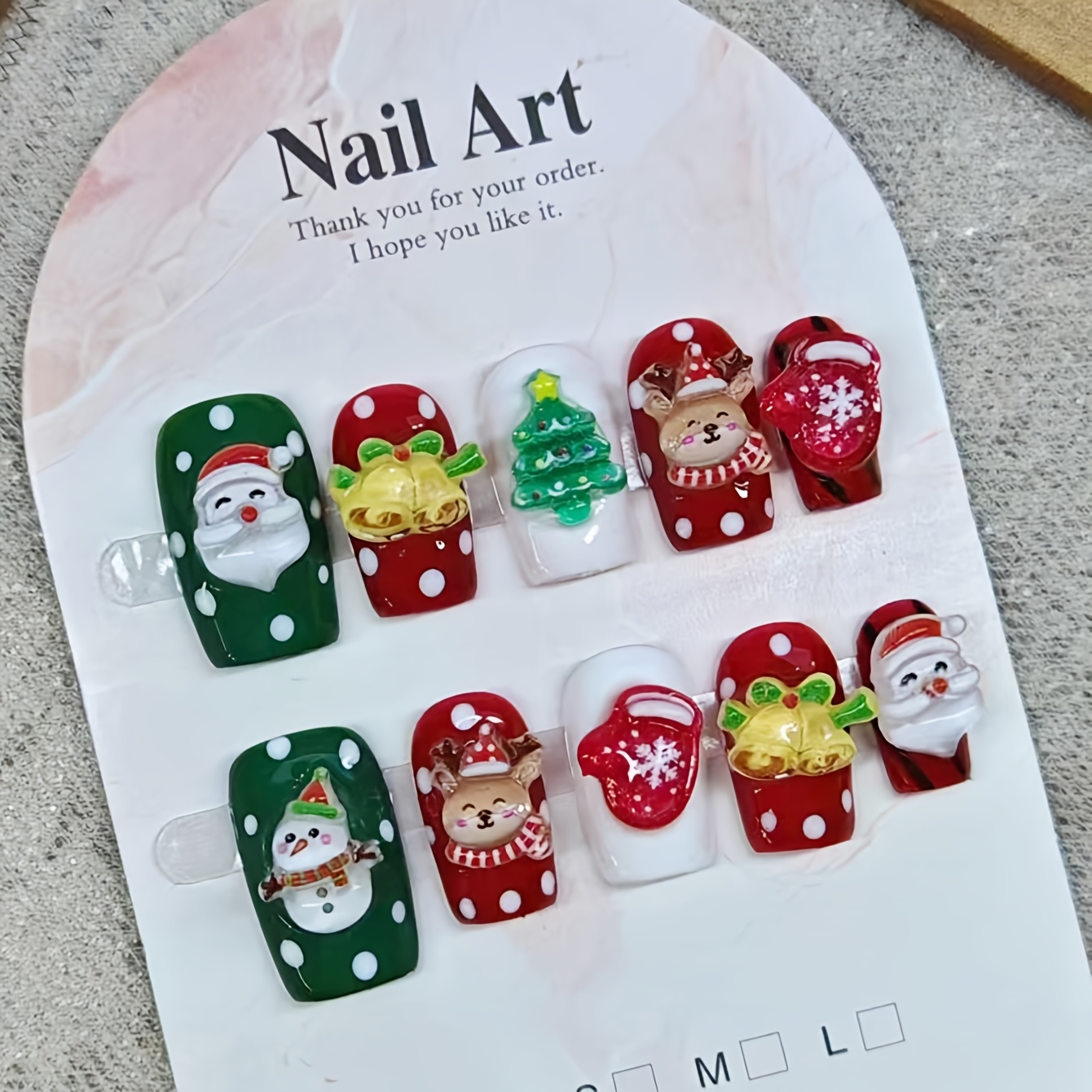 

10pcs Handmade Christmas Fake Nails Set - Medium Long, Square Shape With , Featuring Christmas Bells, Trees, And , Christmas Nails