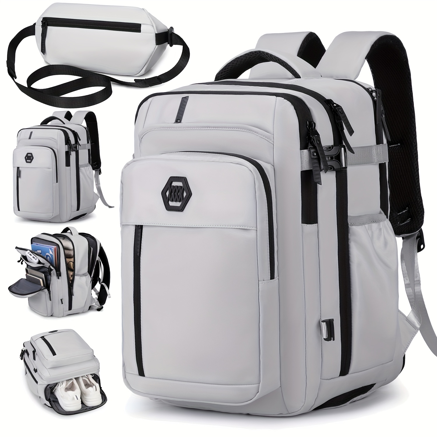 Mochila de viaje ENOSHI con compartimento para zapatos y bolsillo para laptop, cierre con cremallera resistente, correas acolchadas ajustables, correa extensible, compatible con laptop de 39.62 cm, para mujeres/hombres, negocios, aeropuerto, senderismo, universidad, acentos en blanco/negro, mochila ligera para profesionales y estudiantes, mochila de viaje, equipaje profesional, equipaje moderno, textura suave