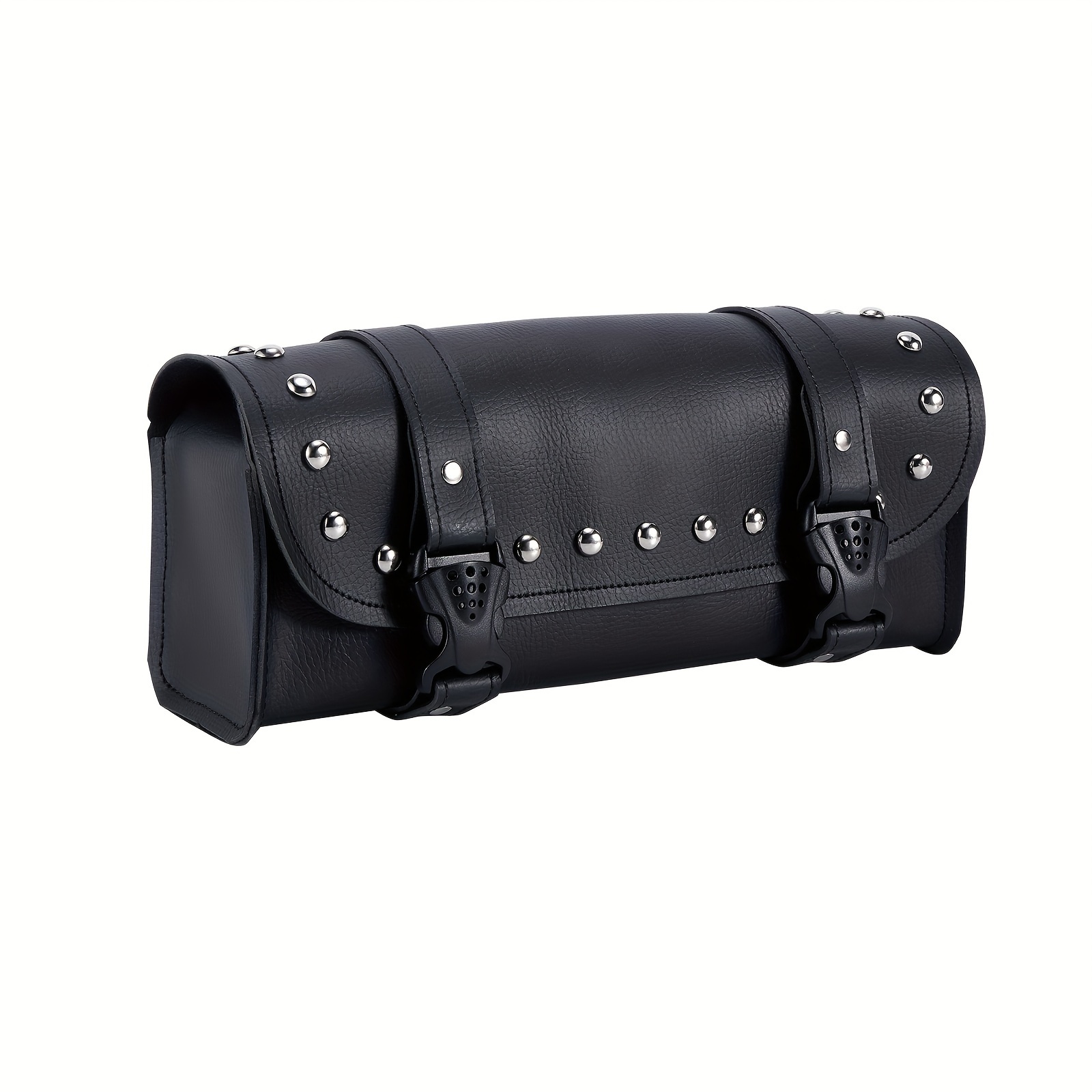 TEMU Motorcycle Storage Bag Pvc Leather 2 Strap Closer Tool Bag Pouch For Bag Handlebar Bag Universal Motorcycle Fork Bag Saddlebags Storage Tool Bag For Motorcycle ( Black With Studs )