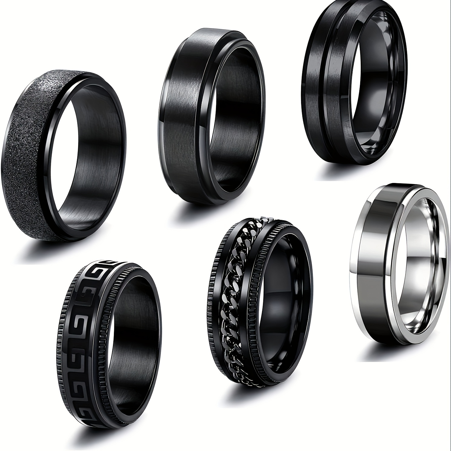 TEMU 6pcs Anneau 201 en acier inoxydable pour hommes et femmes, Anneau de chaîne rotatif cool, Ensemble d'anneaux noirs de fiançailles tendance et