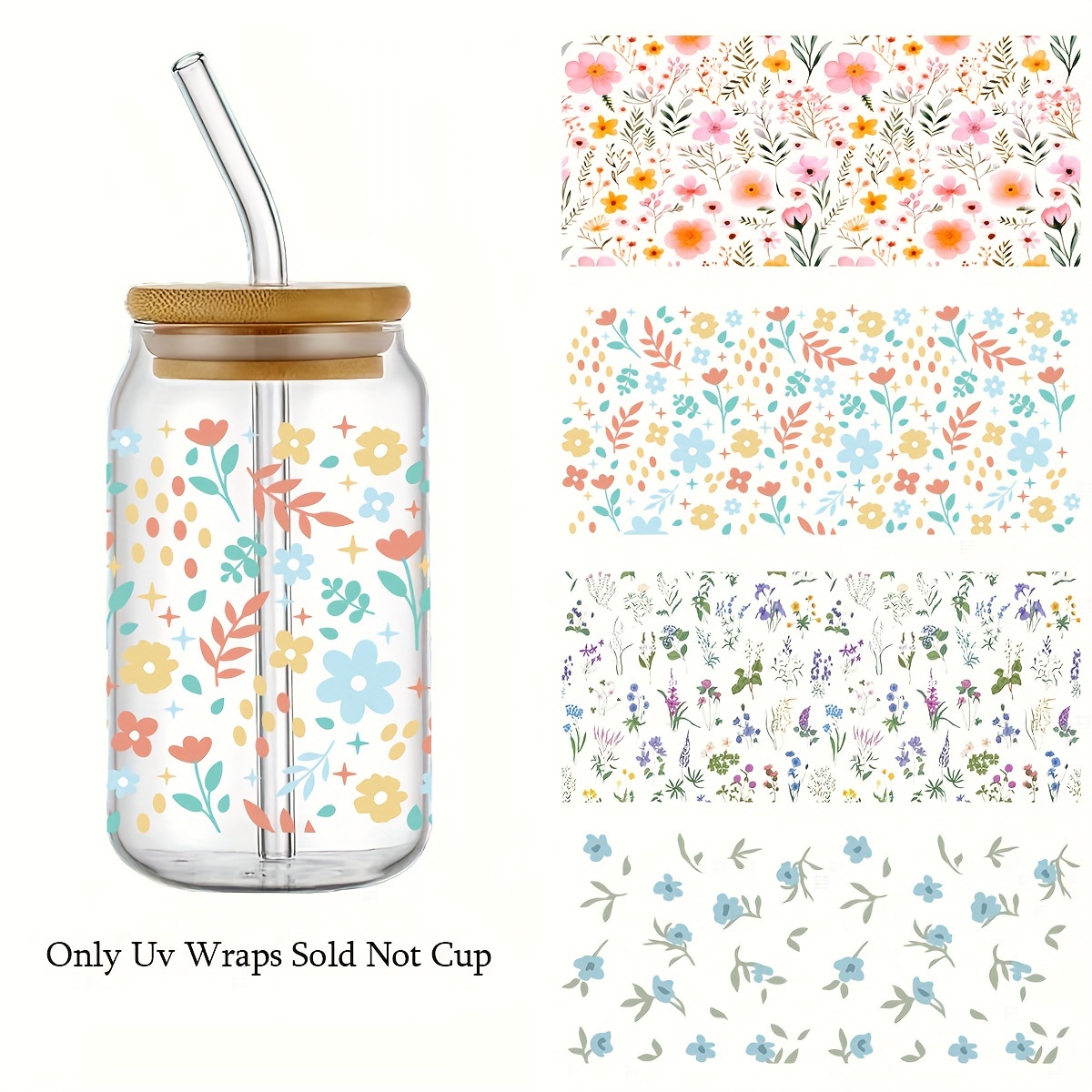 

4pcs Uv Dtf Transfer Transfer Paper For 16oz Glass Cups - Floral Designs, Waterproof And Adhesive Diy Wraps, High Quality, Cup Customization | Transfer Paper | Uv Transfer Paper