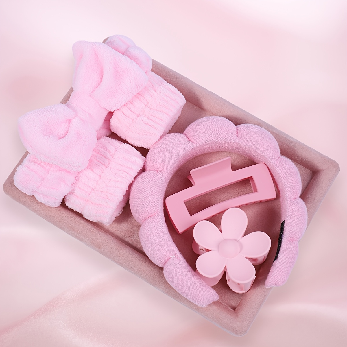 6pcs Set With Flower Hairpin And Bow Headband And Hand Strap Suit-comfortable Material, Elastic Knitted Fabric, Soft Towel Fabric Non-slip, Skin-friendly Spa Accessories, Suitable For Ordinary Hair