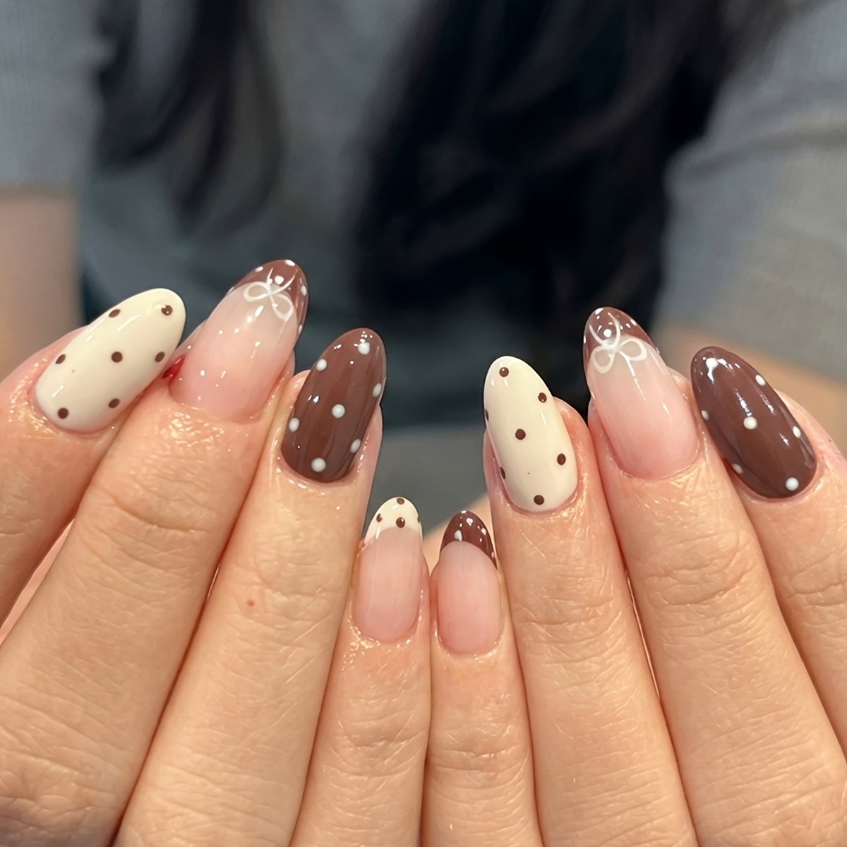 TEMU 24pcs Almond Press On Nails, Brown & Cream Polka Dot With Fake Nails, Sweet Nude French Tip False Nails For Women