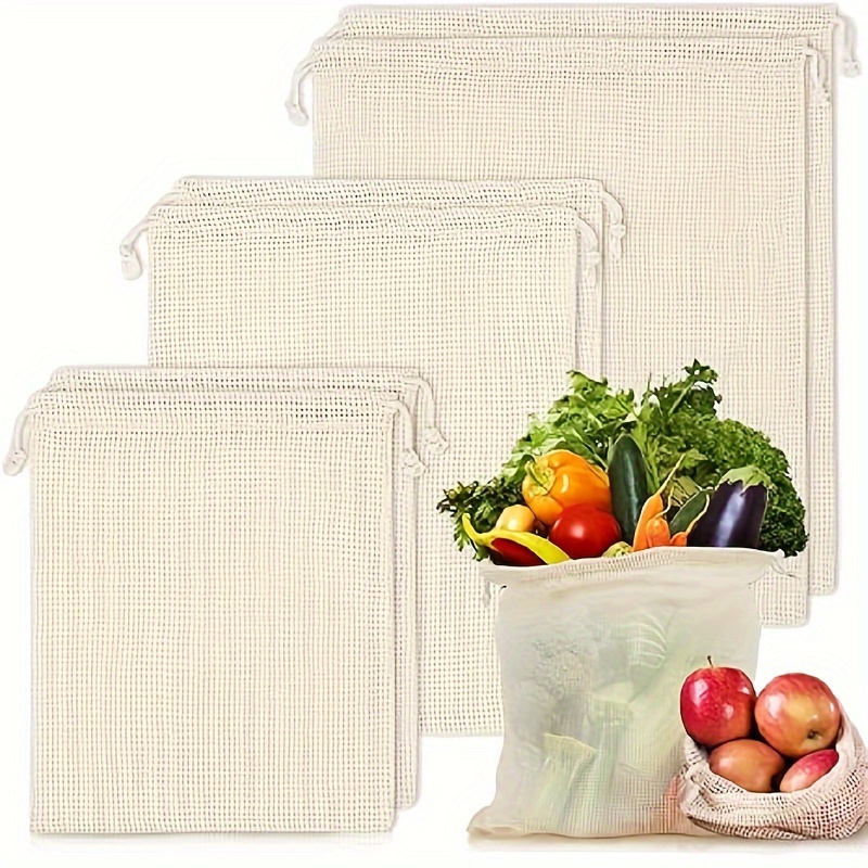 

Reusable Cotton Mesh Produce Bags With Double Stitched Drawstrings - Perfect For Vegetables, Fruits, And Grocery Shopping