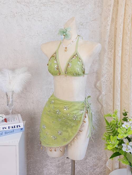new elegant bikini 3pcs set light green embroidered design sequined sewing full body matching with vintage pendant premium elegant set